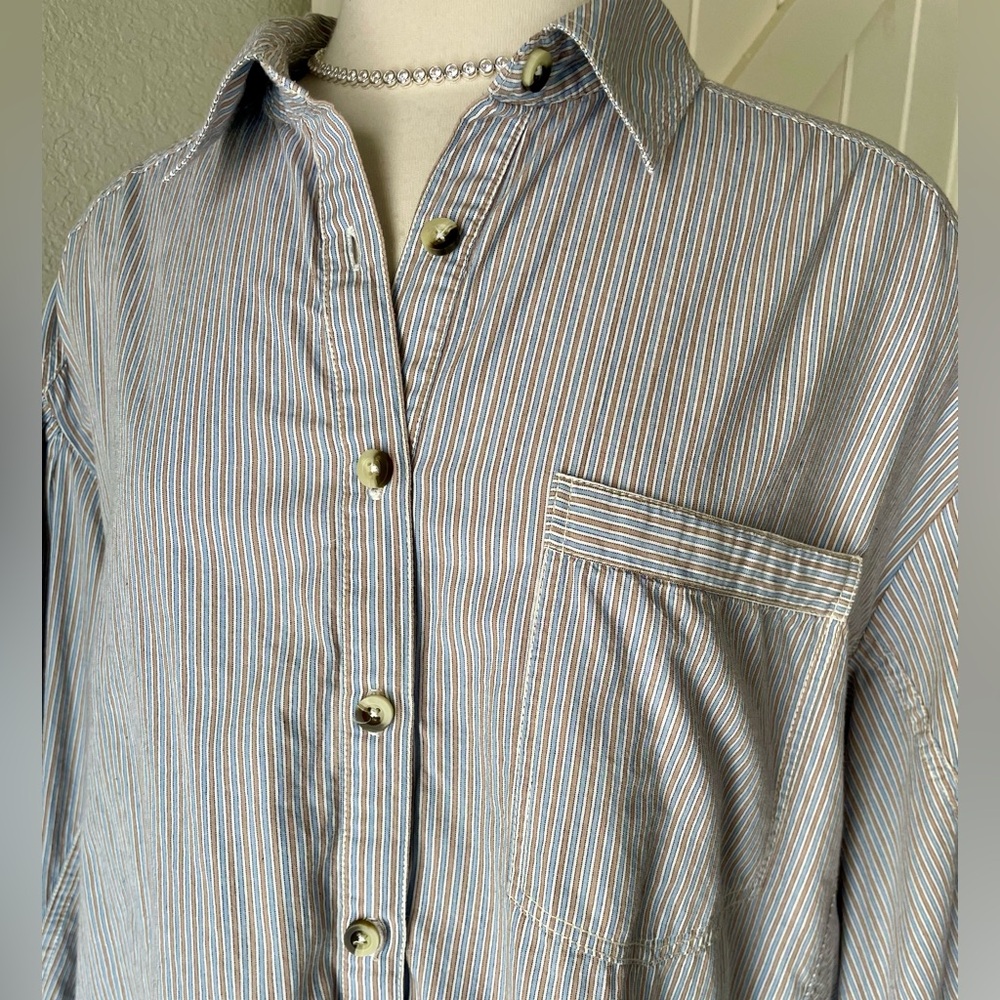 We The Free Blue Striped Oversized Button-Up Shirt